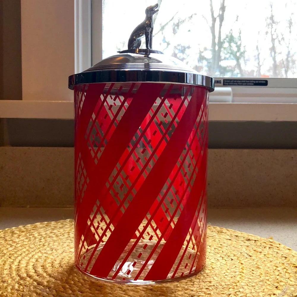 Williams Sonoma Candy Cane Striped Collectable Glass Canister w/ Dalmatian Lid